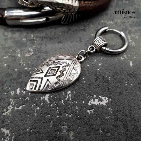 Tribal shield earring by Antikuos jewellery, close-up