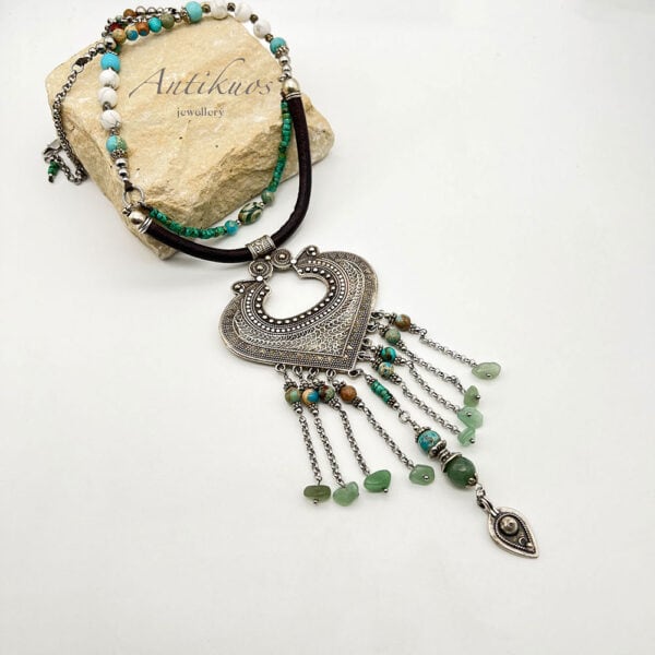 Wonderlust large Intricate silver heart leather necklace with colourful beads by Antikuos jewellery