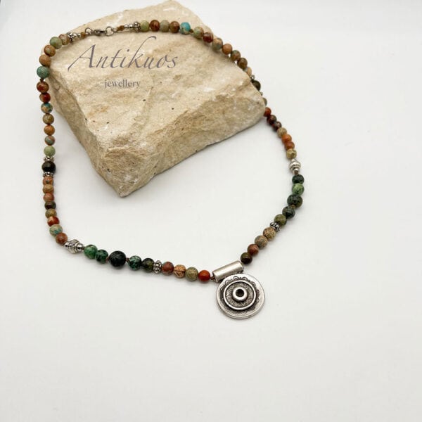 Aqua dangle Sahara african turquoise necklace by Antikuos jewellery, close-up