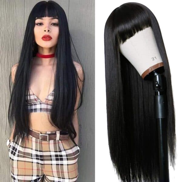 TIMANZO Long Straight Remy Hair Wig Natural Black Heat Resistant Fiber Full Wig with Bangs Cosplay Party Wig for Fashion Women (24 Inches Natural Black Hair) - Image 2