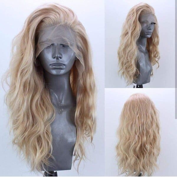 Elesty Long Natural Curly T-Part Lace Front Wig Gloden Blonde Synthetic Lace Front Wigs For Women Left Part Glueless Heat Resistant Fiber Hair Daily Party Wig