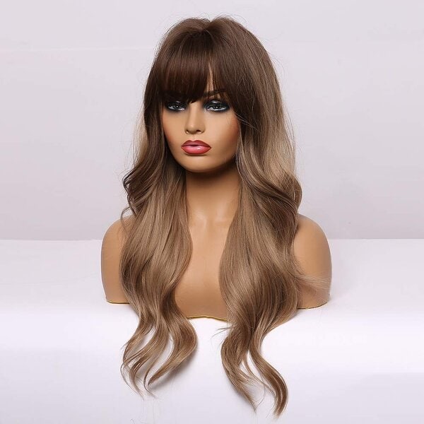 BOGSEA Long Wavy Wigs with Bangs Ombre Dark Blonde Wigs for Women Dark Blonde Ombre Wig with Brown Root Heat Resistant Synthetic Wigs for Daily Party Cosplay Wear (24 Inch,Ombre Dark Ashy Blonde) - Image 3