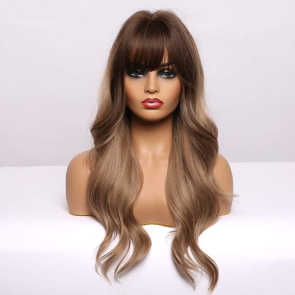 BOGSEA Long Wavy Wigs with Bangs Ombre Dark Blonde Wigs for Women Dark Blonde Ombre Wig with Brown Root Heat Resistant Synthetic Wigs for Daily Party Cosplay Wear (24 Inch,Ombre Dark Ashy Blonde) - Image 2
