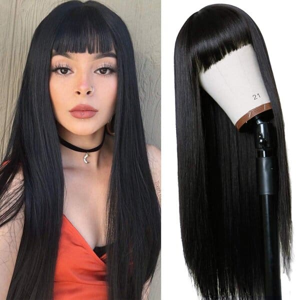 TIMANZO Long Straight Remy Hair Wig Natural Black Heat Resistant Fiber Full Wig with Bangs Cosplay Party Wig for Fashion Women (24 Inches Natural Black Hair)