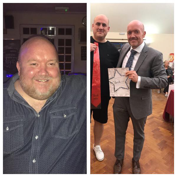 before and after pictures of Adam, showing him at the start of his weigh loss journey and at the end