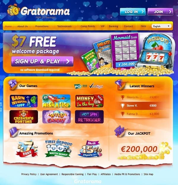 Gratorama $7 free no deposit bonus code