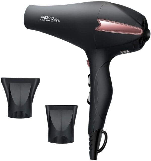 Professional Ionic Salon Hair Dryer, Powerful 2200 Watt Tourmaline Ceramic Hair Dryer, Ion Quiet Professional Hair Dryer with 2 Concentrating Nozzles - Best Gentle Touch to Body / Black & Rose Gold