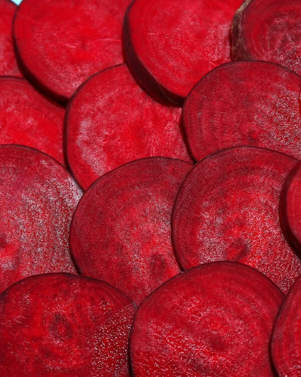 Flattened deep red roots of heritage beetroot ‘Egyptian’, an early maturing variety known for sweet flavour and reliable crops.