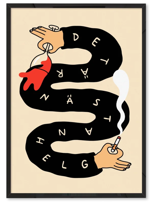 Flabben Shop säljer en postern "Det är nästan helg" - Lilllördag edition. Det är en konstnärlig utförd arm med två händer. Den ena håller i en cigarett. Den andra i ett glas vin. Humor och urban design – perfekt vägghumor för ditt hem. Heminredning