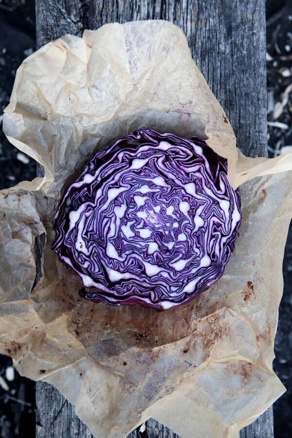 Deep purple, compact heads of cabbage ‘Red Drumhead’, a hardy heritage red cabbage ideal for winter harvests.
