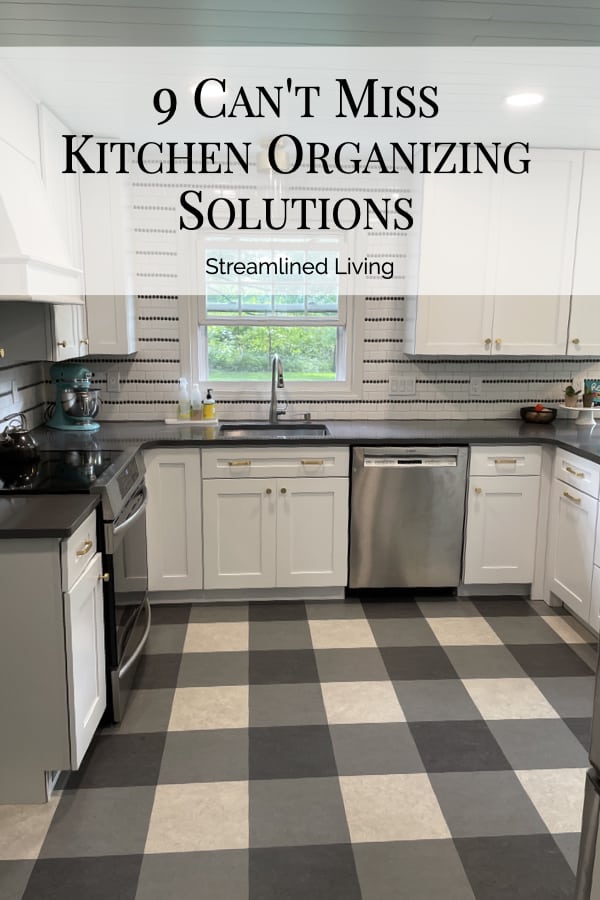 super cute kitchen with grey buffalo check flooring