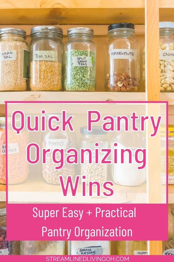 dry food goods in labeled glass jars on shelf with pink and white text overlay