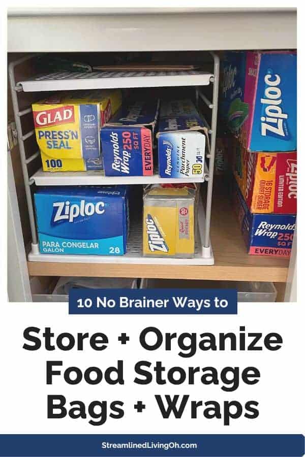 organized food storage wraps on small rack in lower kitchen cabinet