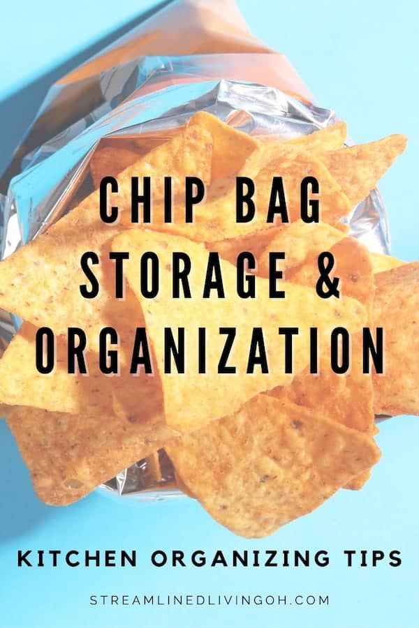 open bag of nacho tips on aqua background and black text overlay