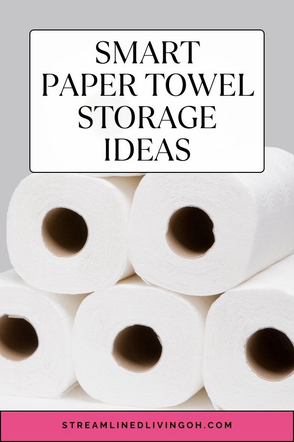 stack of paper towels against grey background with pink, black and white decorative text overlay