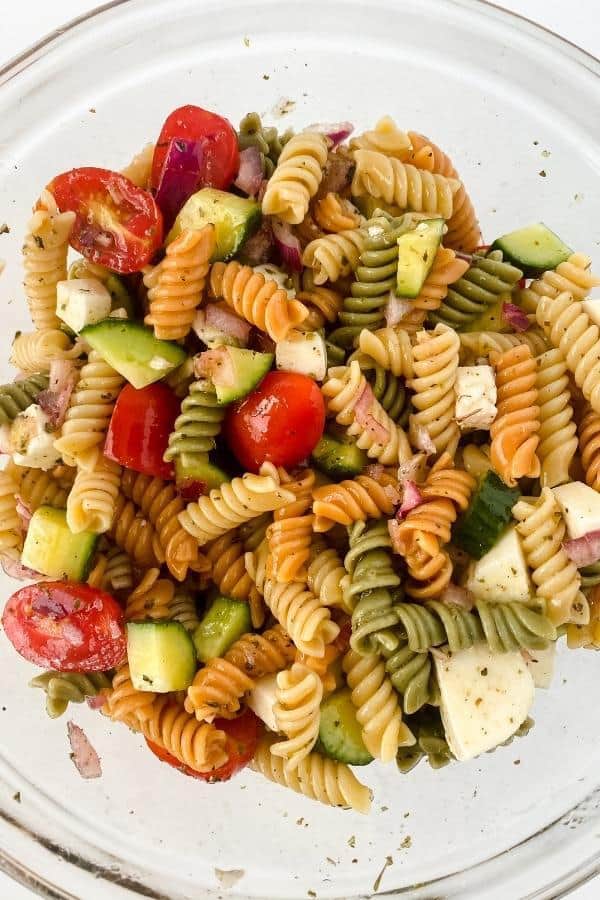 pasta salad in a glass bowl