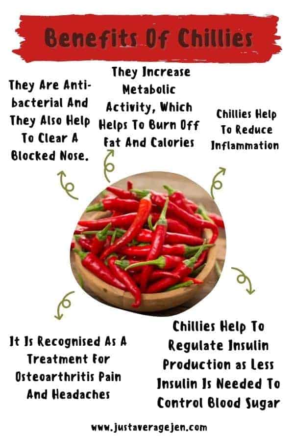 A chillies infographic listing the benefits of chillies for health such as reducing inflammation and regulating insulin.