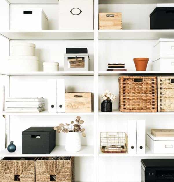 Home office shelves with office supplies