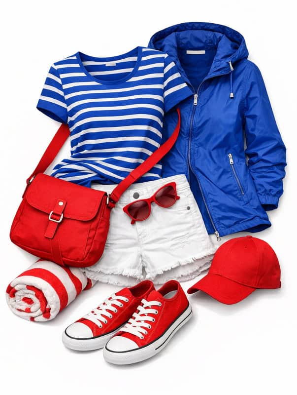 Freizeitlook für Frauen in Royalblau mit roten Details im maritimen Stil