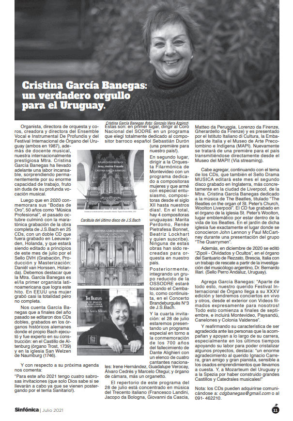 Imagen de Revista Sinfónica, con foto de Cristina en la portada, 2021