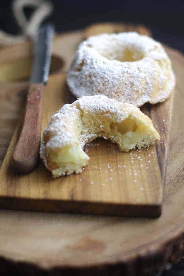 A cut piece of Apple Sharlotka mini bundt cake