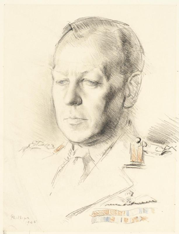 Portret van Brigadier Dudley Clarke in uniform, hoofd en schouders, iets naar links gericht, krijttekening uit de oorlogstijd.