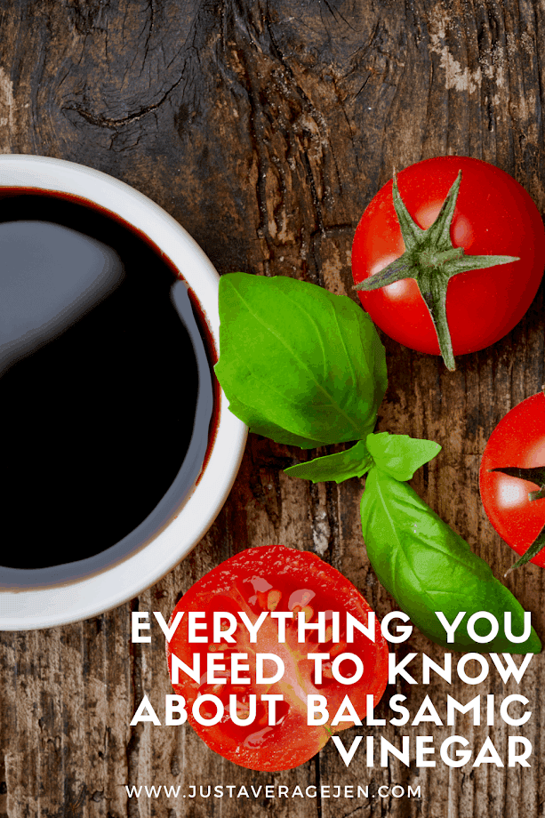 Pinterest pin of balsamic vinegar, leaves and tomatoes