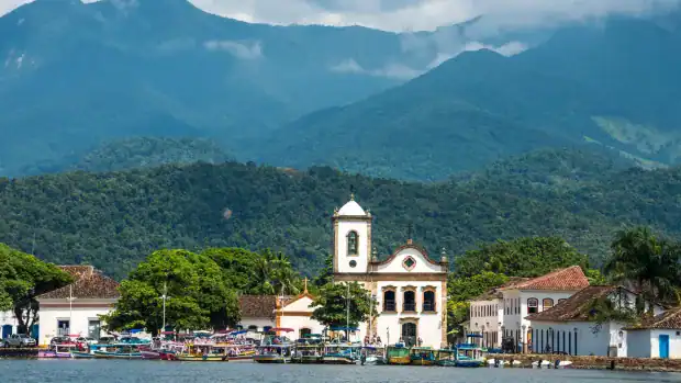 Church in Brazil with mountains in the background