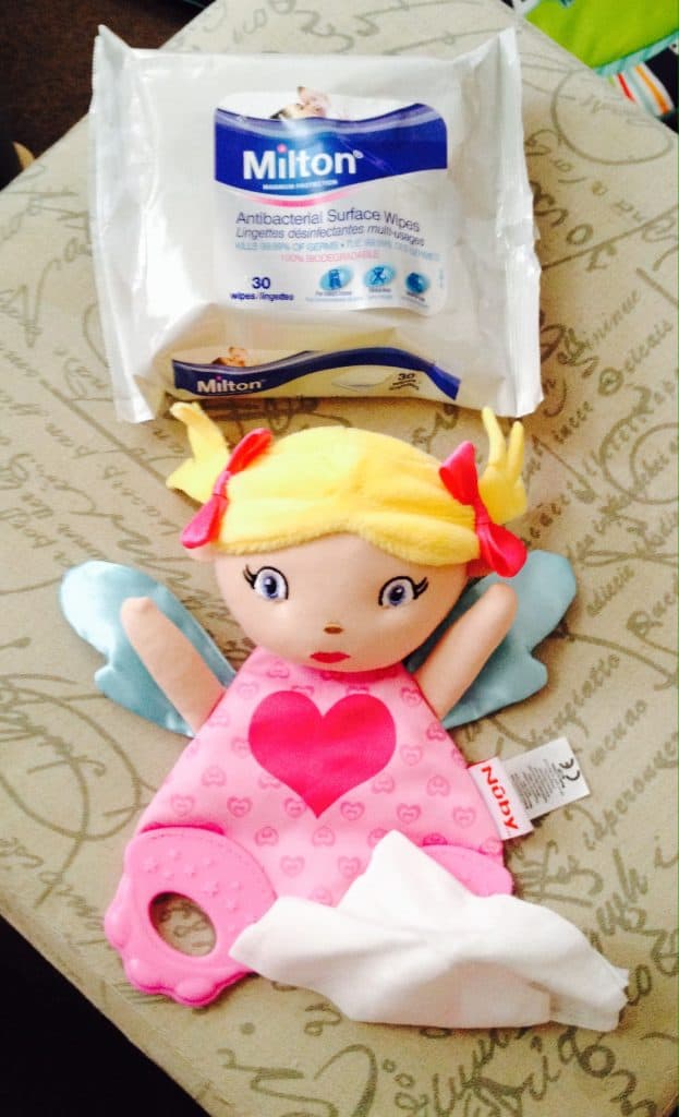 Milton Antibacterial wipes cleaning Lucy the teething toy