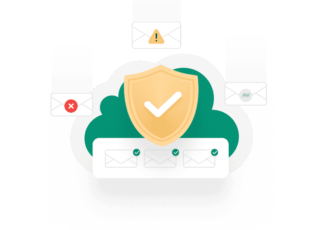 Illustration einer goldenen Schutzschild-Cloud mit Häkchen, umgeben von E-Mail-Symbolen mit Häkchen, Warnung und Fehler-Icons