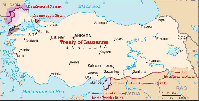 Map of Turkey showing territorial borders established after the Treaty of Lausanne in 1923, reflecting modern boundaries.