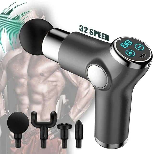 Massage gun with multiple attachments for muscle relaxation and recovery, featuring digital display, 32-speed settings, and ergonomic design for fitness enthusiasts.