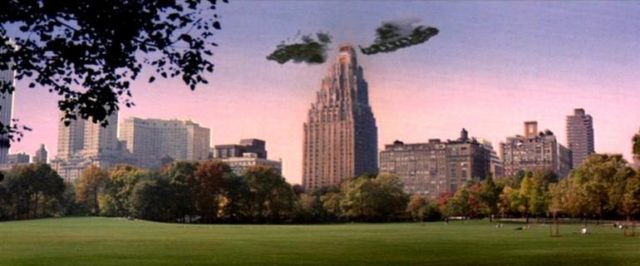 scene from ghostbusters looking at haunted apartment building "spook central" from central park