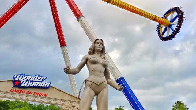 Wonder Woman Statue in front of the new Lasso of Truth ride at Six Flags Great Adventure