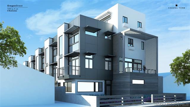 Mock-up rendering of a modern luxury condo building in North Park, San Diego, featuring a sleek multi-story design with gray exterior panels, large windows, private balconies, rooftop elements, and contemporary architectural lines.