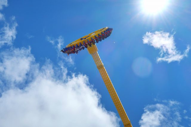 View of the Lasso of Truth from below as the ride hits its highest point in the sky