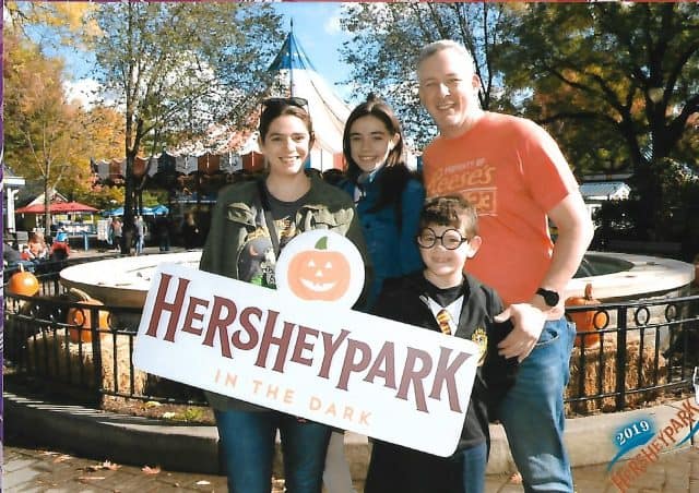 Our Family photo at the fountain for Hersheypark in the Dark Halloween event