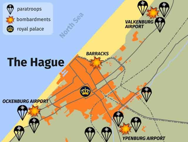 Kaart toont locaties van Duitse bombardementen, parachutelandingen en militaire doelen tijdens de Slag om Den Haag, mei 1940.