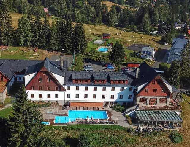 Koprivna Resort in Jeseniky Mountains, Czech Republic Drone view of Koprivna Resort in Jeseniky Mountains, Czech Republic