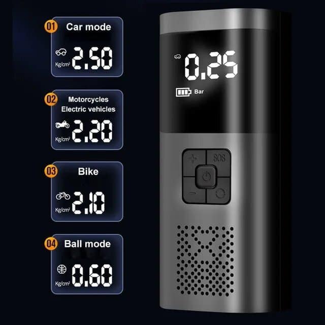 Air quality tester for cars, motorcycles, bikes, and ball modes with digital display and portable design.