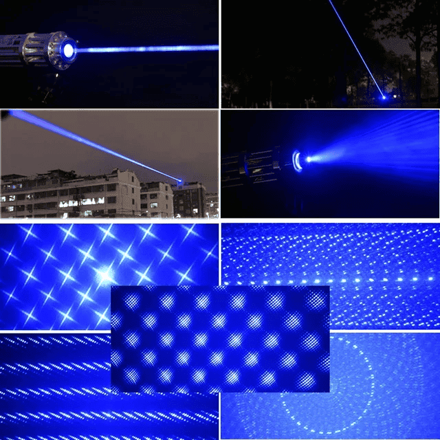 Laser pointer beams emitting vibrant blue light for entertainment and presentations, set against various night city and light display backgrounds.