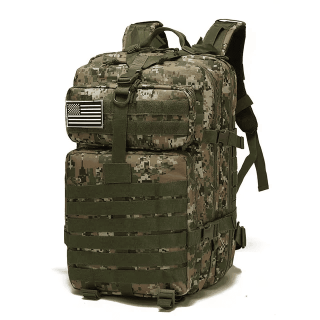 Military tactical backpack with camouflage pattern and US flag patch, ideal for outdoor adventures and tactical gear storage. Perfect for hiking, camping, or military use, offering durability and multiple compartments.