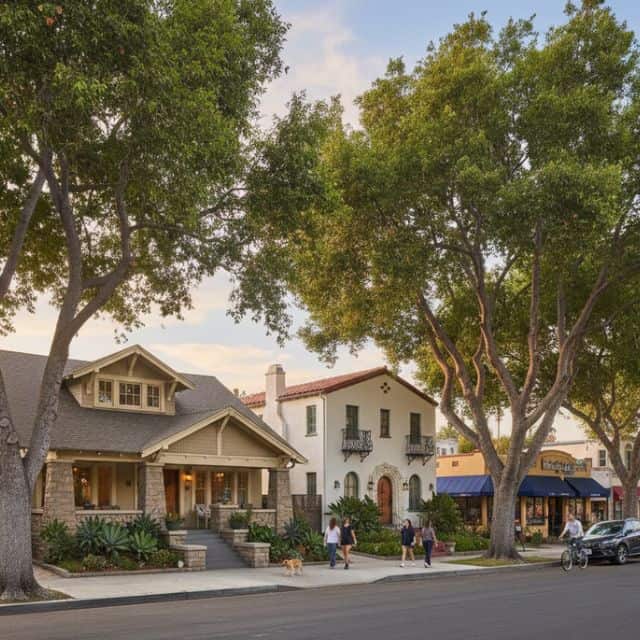 people walking on a street in north park by a craftsman and spanish style home in North Park