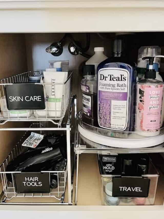 Organized bathroom items under a bathroom sink