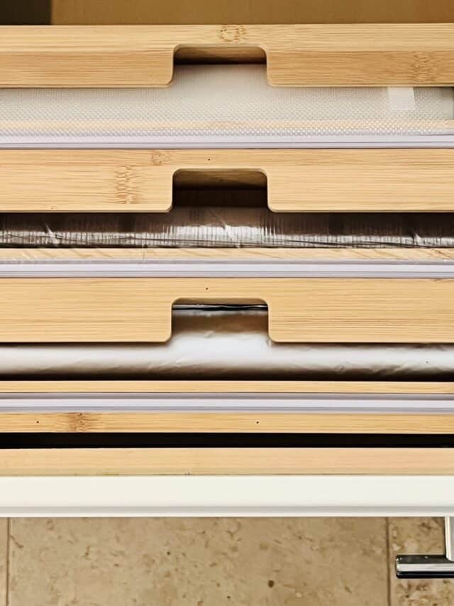 Bamboo drawer organizer for plastic wrap, aluminum foil and wax paper