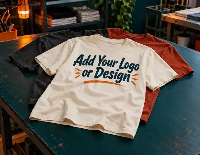 Cream t-shirt with Add Your Logo or Design text on a workshop table, layered over charcoal and rust tees — custom t-shirt printing at T Shirts Australia