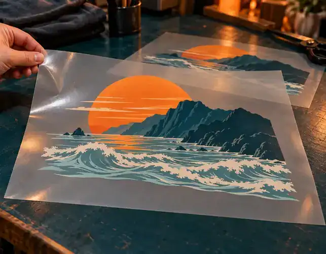 Hand holding a clear DTF transfer film with a colourful coastal sunset print over a workshop bench