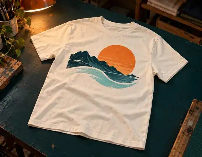 Cream graphic t-shirt with orange sun, teal mountains and wave print laid flat on a workshop table