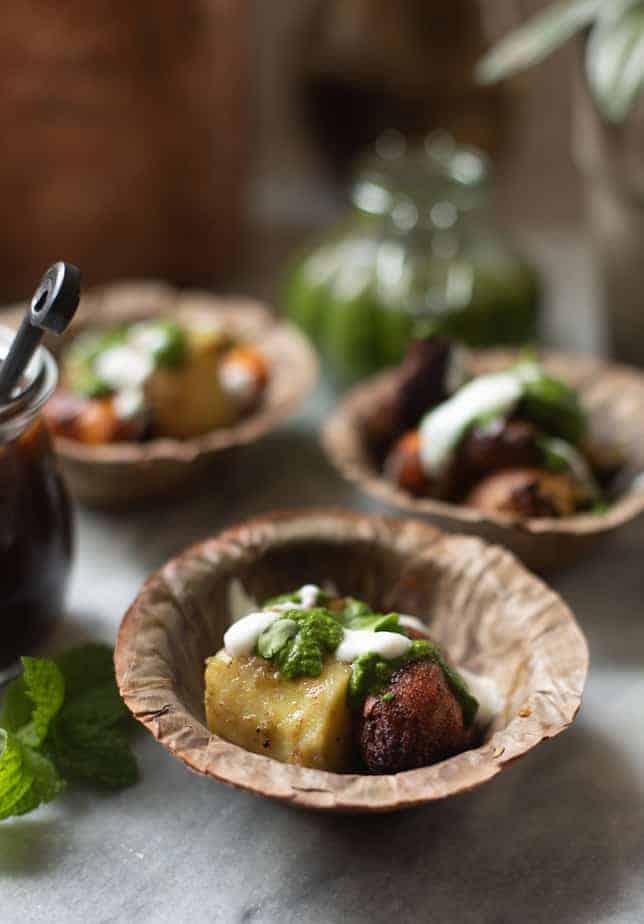 chaat made from two kinds of sweet potatoes topped with chutney