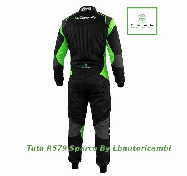 Abbigliamento racing vista posteriore della tuta racing sparco r579 futura nera e verde con pannello elastico - lbautoricambi